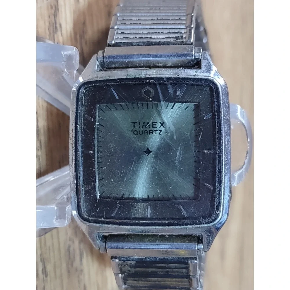 Vintage Timex Quartz Square Watch Green Dial Speidel Stretch Band As-Is